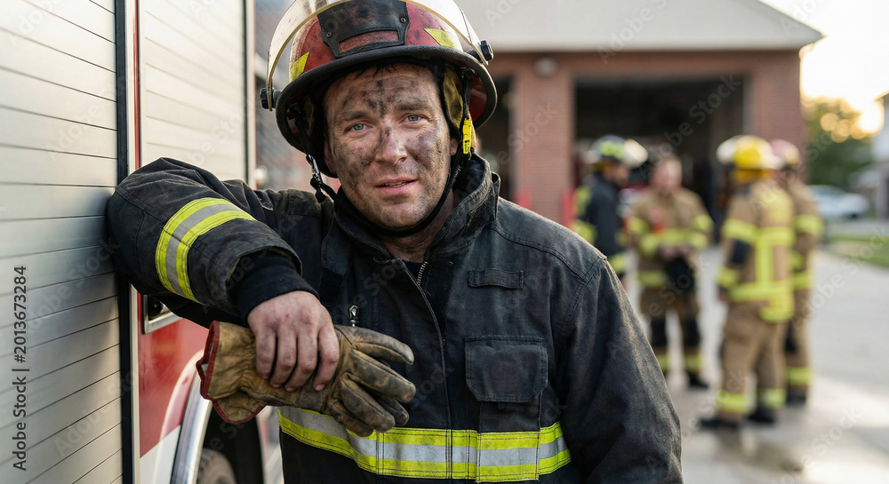 Fototapeta premium Portrait of a firefighter with a soot-covered face looking tired but heroic after a rescue mission