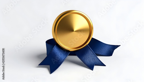 A Golden Medal with a Blue Ribbon on a White Background.