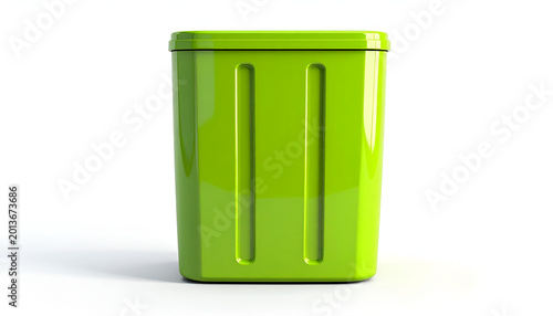 Bright Green Rectangular Trash Can with Lid Isolated on White Background.