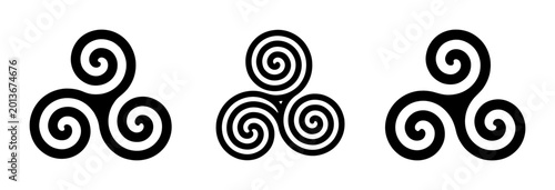 Bild auf Leinwand Celtic Triskele Symbols, Ancient Spiral Motifs, Triple Spiral Iconography, Black