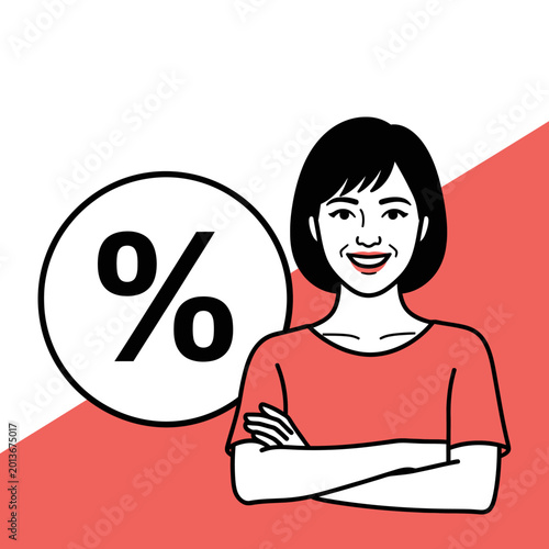 Smiling woman with crossed arms and percentage sign.