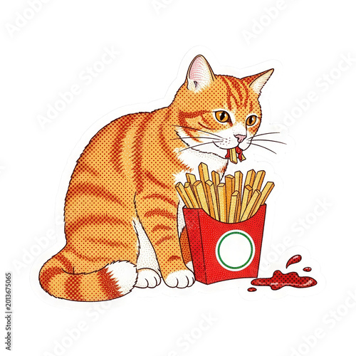 Funny cat eating french fries illustration.