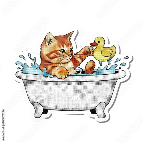 A cartoon cat playing with a rubber duck.