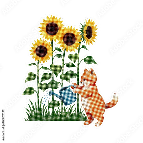 Cute cartoon dog watering sunflowers with a blue watering can in a garden.