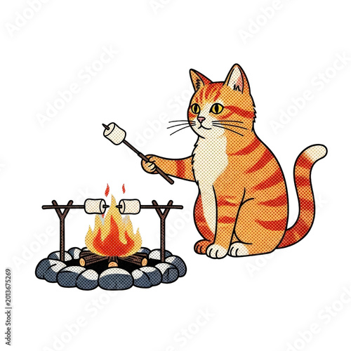 A cartoon cat roasting marshmallows on a campfire.