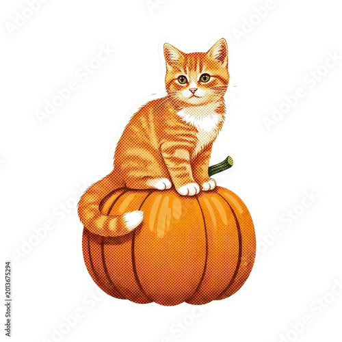 An adorable orange kitten sitting on pumpkin.