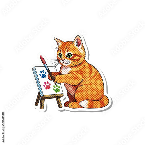 An orange cat painting on an easel.