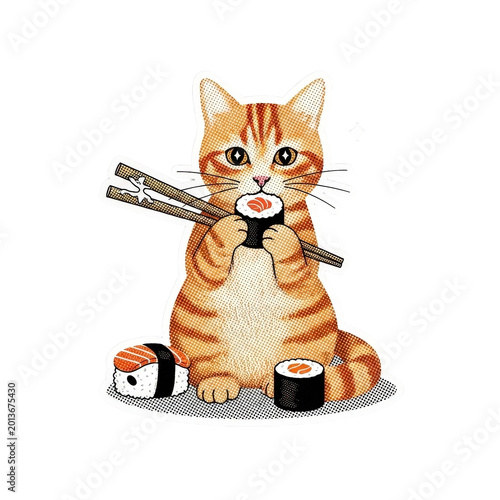 Cute cat eating sushi with chopsticks.