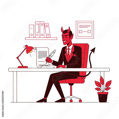 Картината върху платно Devil signing a contract at desk, business concept illustration
