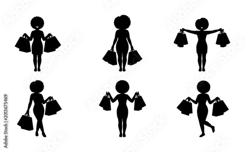 Fotografi Black Silhouette Shopping Women, Diverse Poses with Bags, Vector Icons for Retai