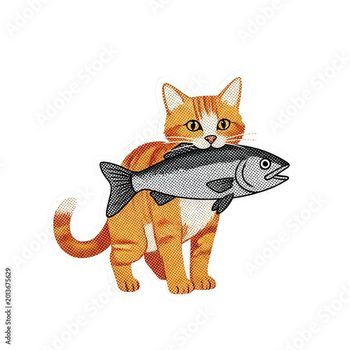 Cartoon cat holding a large fish.