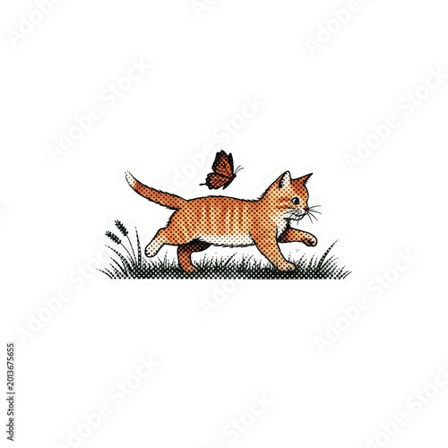 An orange tabby cat chasing a butterfly.