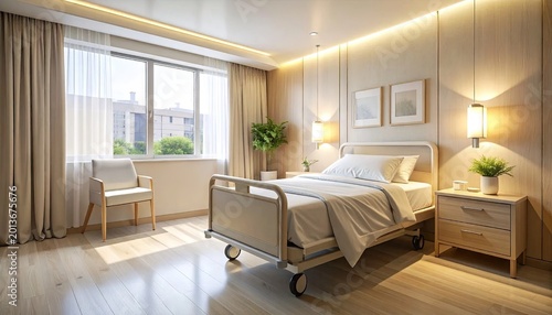 Modern hospital room interior with bed and window natural lighting