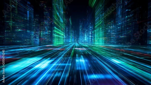 Digital metaverse technology with neon blue and green cyber communication, abstract speed connection and retro futuristic city background