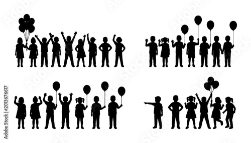 Children Silhouettes with Balloons, Diverse Group Poses, Celebration Vector Icons, Joyful Kids Collection, Party Graphics