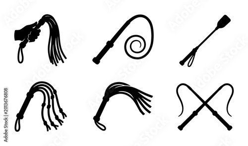 Bild auf Leinwand Collection of Six Black Silhouette Whips and Floggers, Vector Icons for Adult Th