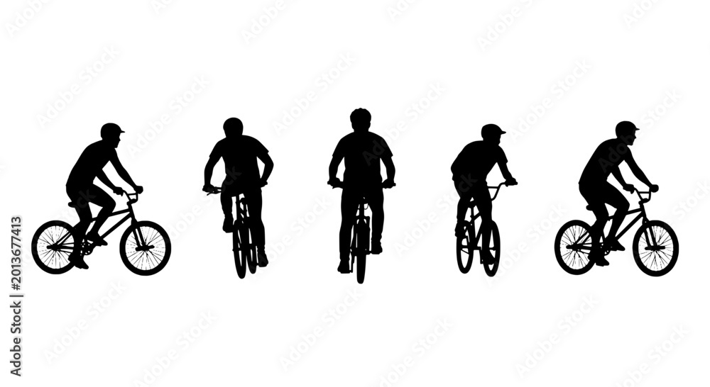 Obraz premium Bicycle rider icon set showing cycling silhouettes in varied poses for sports training, route planning, and fitness apps