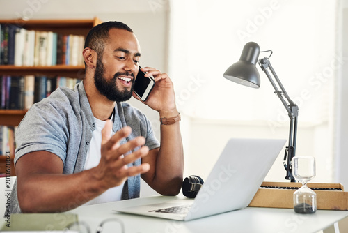 Valokuva Laptop, contact or man with phone call for remote work, screening candidate or telephonic interview