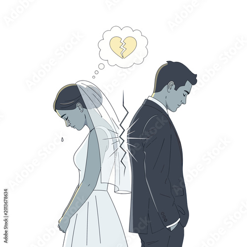 Фотография Divorce Concept: Sad Bride and Groom with Broken Heart Symbol