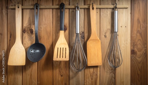 Kitchen utensils hanging on wooden wall preparing for cooking activities