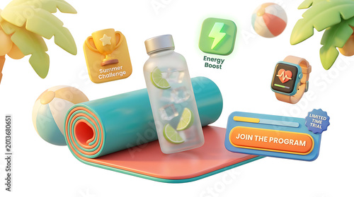 3D illustration of fitness accessories for a summer challenge trial.