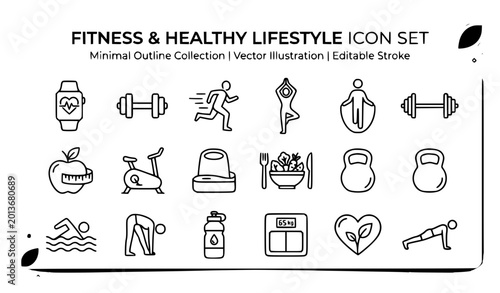 Foto Fitness web line icon set with gym workout diet exercise and editable stroke ve