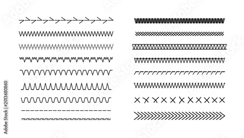 Embroidery vector stitch patterns with geometric lines and borders. Vector textile design elements featuring decorative stitched edges, cross-stitch dividers, and seamless sewing motifs.