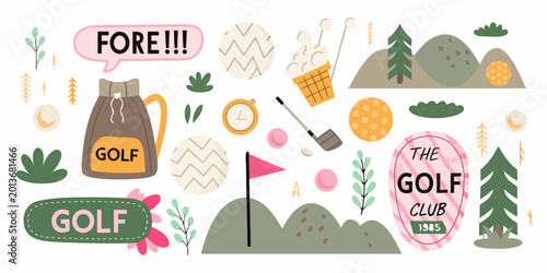 Foto Golf themed illustration with equipment flag and text elements