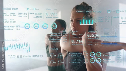 Two women doing fitness shoulder lifts in sync on starting rep HUD charts tracking metrics