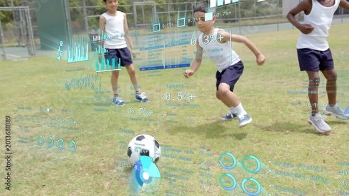 Right boy stepping to challenge, center boy nudging ball and dribbling, HUD overlaying soccer drill