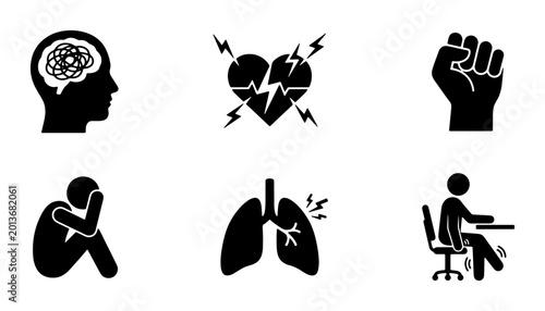 Fotografie Mental Health and Physical Ailment Icons: Stress, Anxiety, Heart Condition, Resp