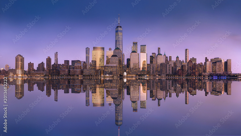 Fototapeta premium Stunning NYC Skyline Reflection at Twilight, Modern Cityscape Panorama