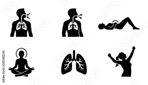 Canvastavla Breathing Exercises Icons, Respiratory Health Set, Lung Anatomy Vector Graphics,