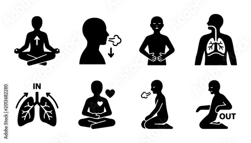 Obraz na płótnie Breathing Exercises Icons, Yoga Meditation Silhouette Set, Respiratory Health an