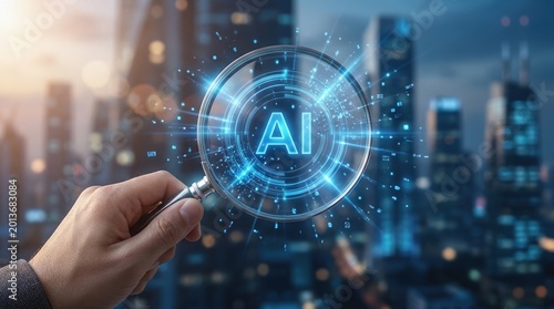 Data Analyst using magnifying glass on urban tech environment. Examining AI systems and data patterns, and Digital Transformation concept.