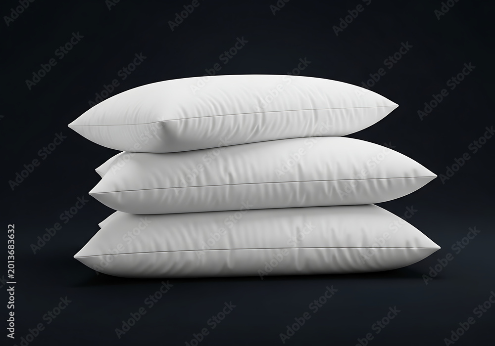Fototapeta premium Stack of three soft white pillows on dark background, comfortable bedding, interior design elements, cozy home decor
