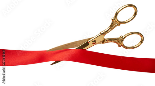 Golden Scissors Cutting Red Ribbon Isolated on Transparent Background