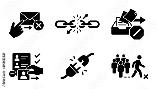 Obraz na płótnie Set of 6 Black and White Icons: Email Rejection, Broken Link, Data Transfer, User Management, Disconnected Plug, Exit Crowd