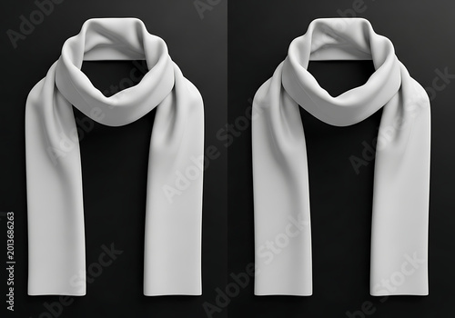 Two light gray neck scarves on dark background, winter clothing accessory mockup, warm fabric texture, autumn fashion apparel