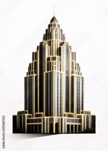 Art Deco Skyscraper with Golden Neon Lights, Isolated, Conceptual