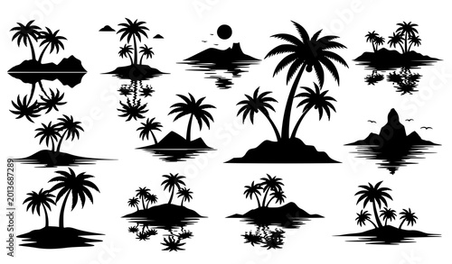 Fotografi Exotic beach silhouette vector set with tropical palm trees island and water ref