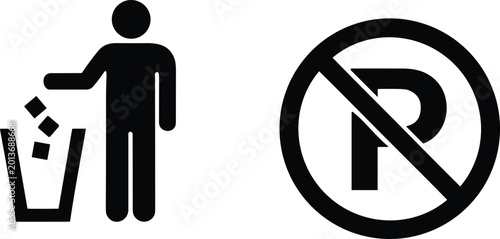 Valokuva Waste disposal icon with person throwing trash in bin and prohibition sign forbi