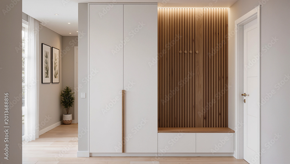 Fototapeta premium Modern Entryway Interior with White Wardrobe and Wooden Slat Accent Wall