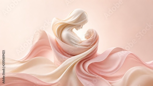 Mother and child sculpture embraced by flowing fabric