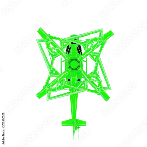 Futuristic Neon Green Helicopter Wireframe Top View Isolated on White Background