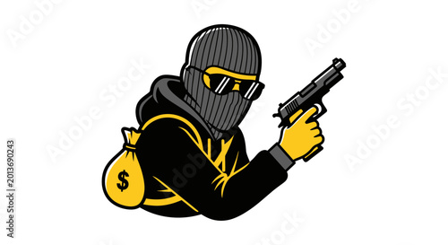 Foto Masked Thief with Gun and Money Bag, Criminal Activity Concept Illustration