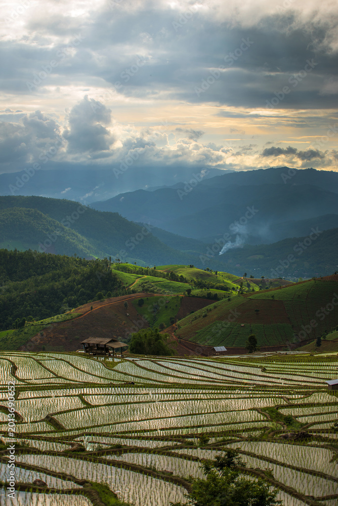 Fototapeta premium Lush green mountains and fields, bathed in sunlight.