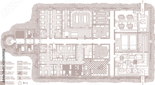 Obraz na płótnie Vintage architectural floor plan of underground bunker, retro blueprint of secre