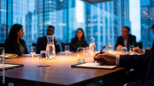Tableau sur toile Executive business team holding a focused meeting in a modern, dimly lit office building with a blue-toned city skyline