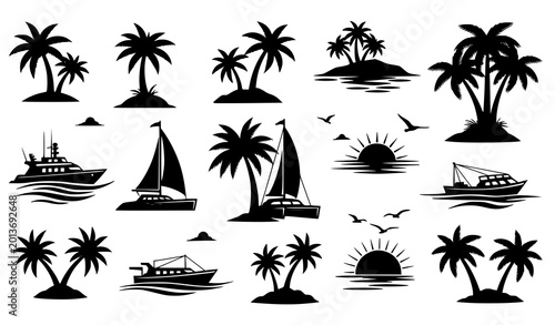 Photography Tropical island silhouette vector set with palm tree boat beach and summer trave
